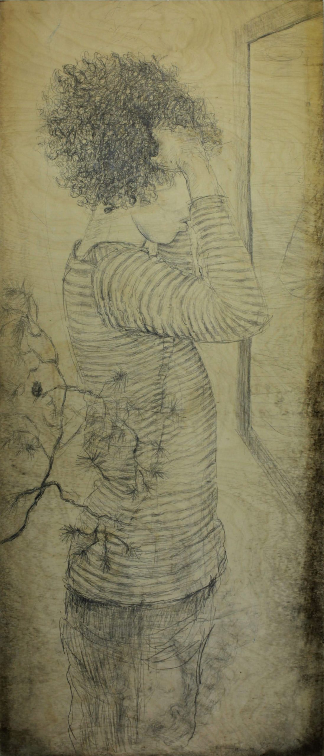 hiukset-hairs-1-120cmx4cm-pencil on wood-drawing