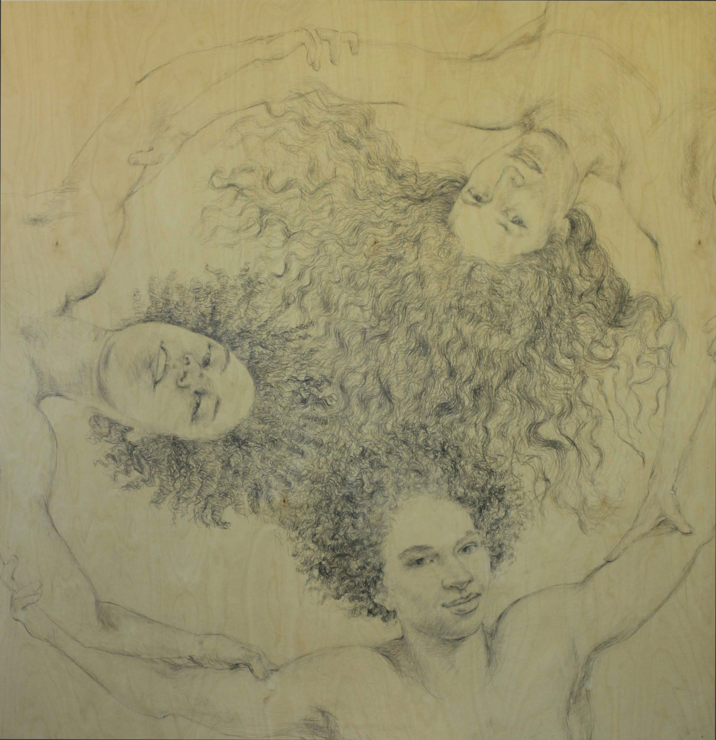 hiukset-hairs-2-120cmx120cm-pencil on wood-drawing