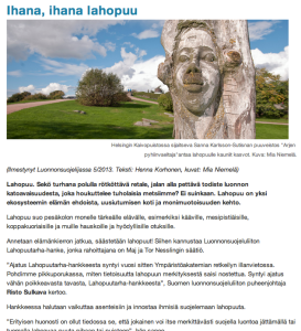 Magazine article featuring Sanna Karlsson-Sutisna's tree sculpture Arjen pyhiinvaeltaja in Kaivopuisto, published in Luonnonsuojelija magazine (2013).