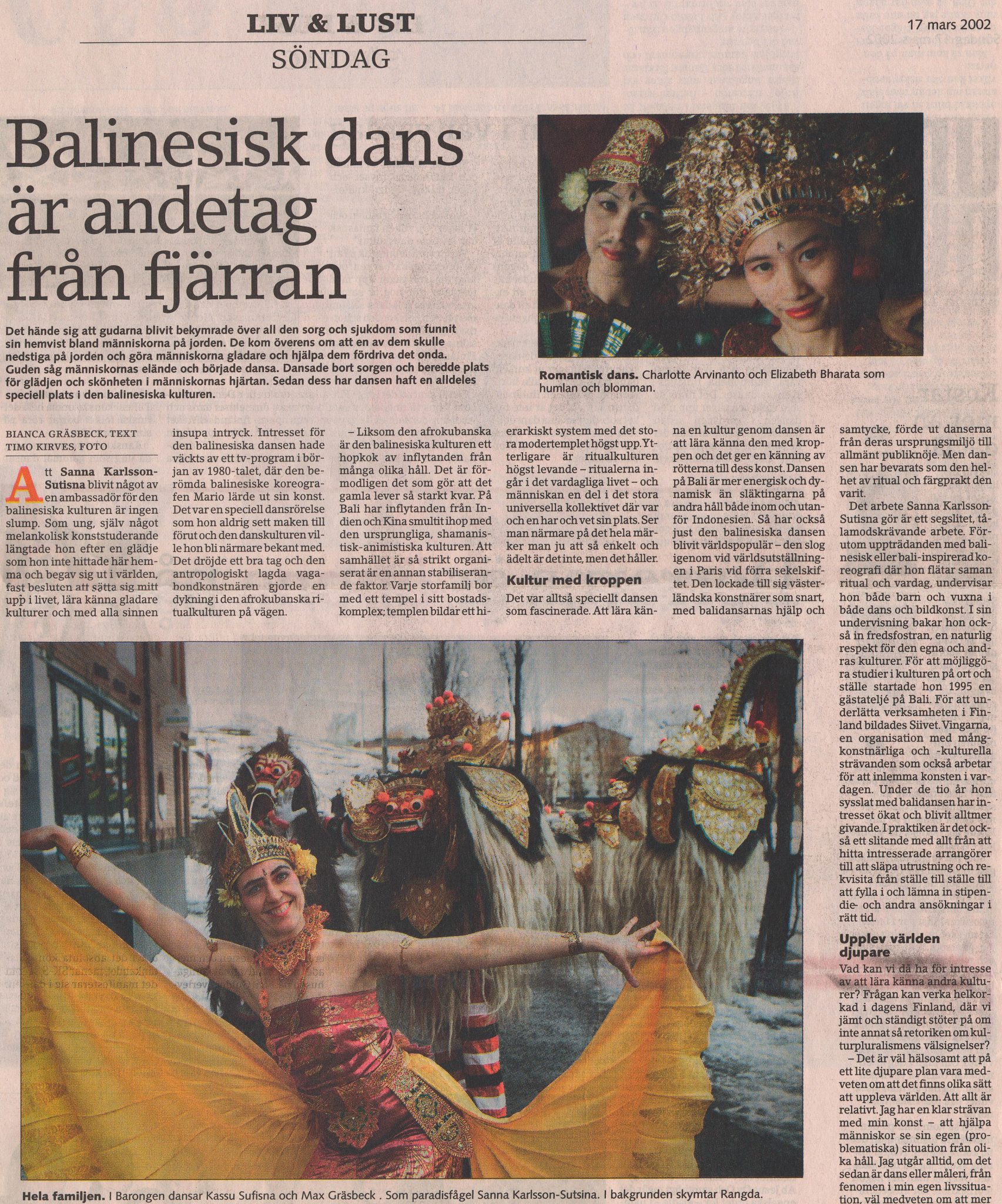 Newspaper feature on Sanna Karlsson-Sutisna's Balinese dance and cultural work, including an interview and performance photographs, published in a Swedish-language newspaper (2002).