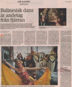 Newspaper feature on Sanna Karlsson-Sutisna's Balinese dance and cultural work, including an interview and performance photographs, published in a Swedish-language newspaper (2002).