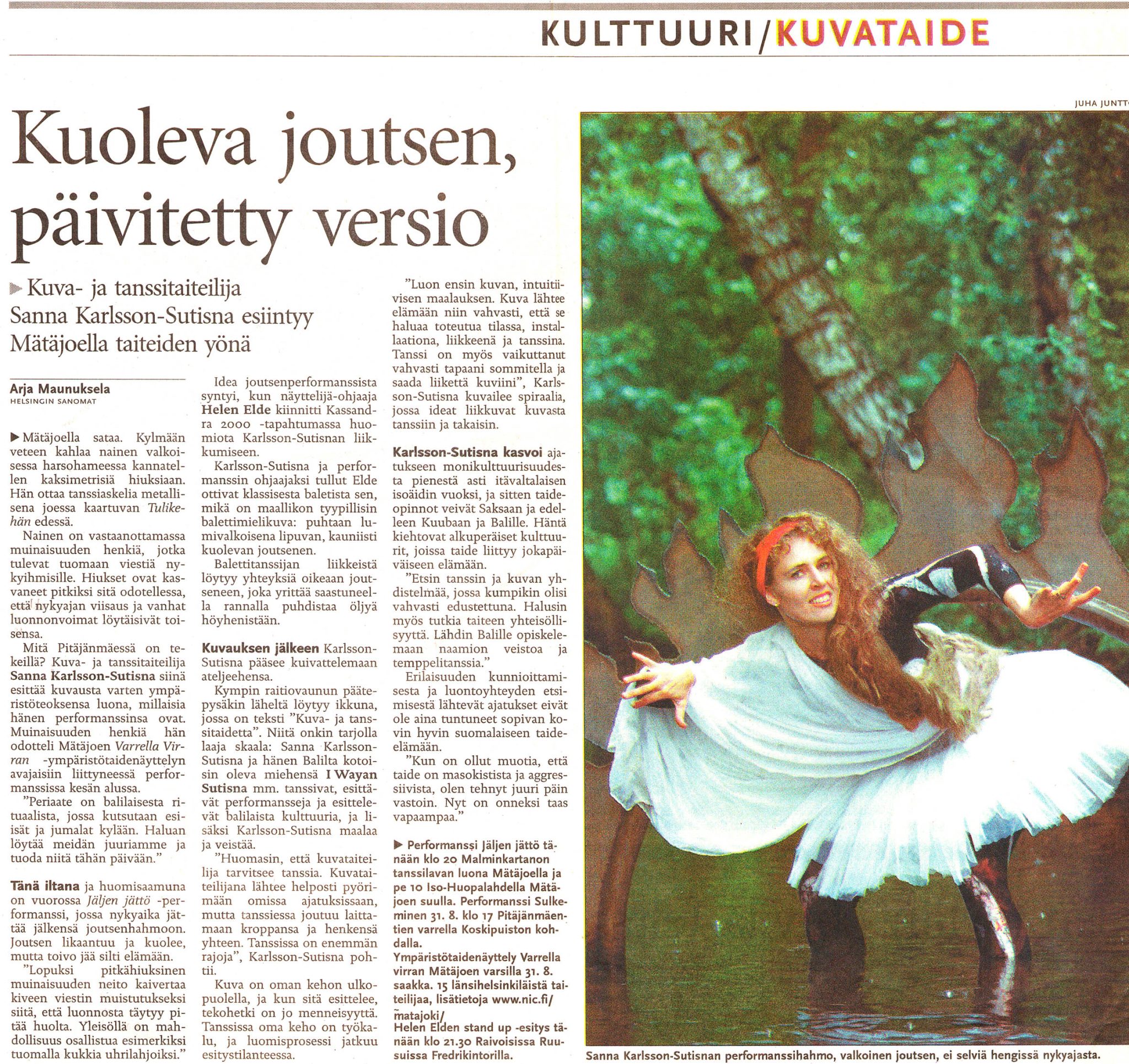 Newspaper feature on Sanna Karlsson-Sutisna's performance artwork Kuoleva joutsen (The Dying Swan), published in Helsingin Sanomat.