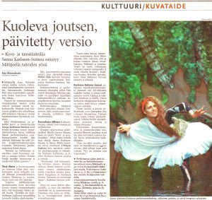 Newspaper feature on Sanna Karlsson-Sutisna's performance artwork Kuoleva joutsen (The Dying Swan), published in Helsingin Sanomat.