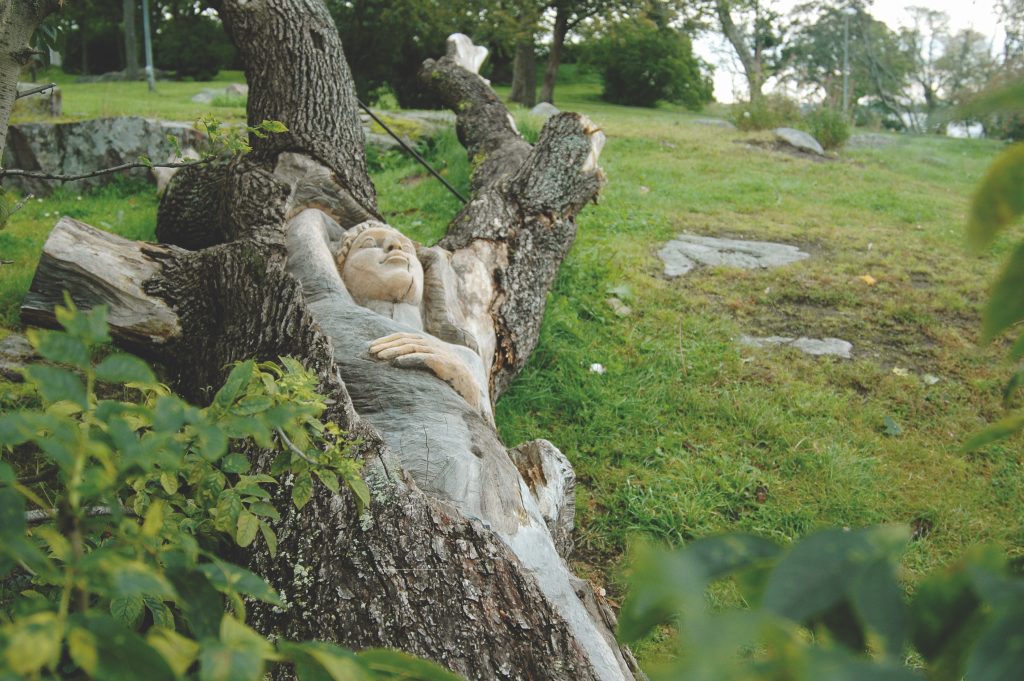 Public Artwork - A Lifeline to Paradise - A carved reclining human figure emerging from a fallen tree trunk, viewed from the side in a grassy park. - Kaivopuisto, Helsinki 2004.