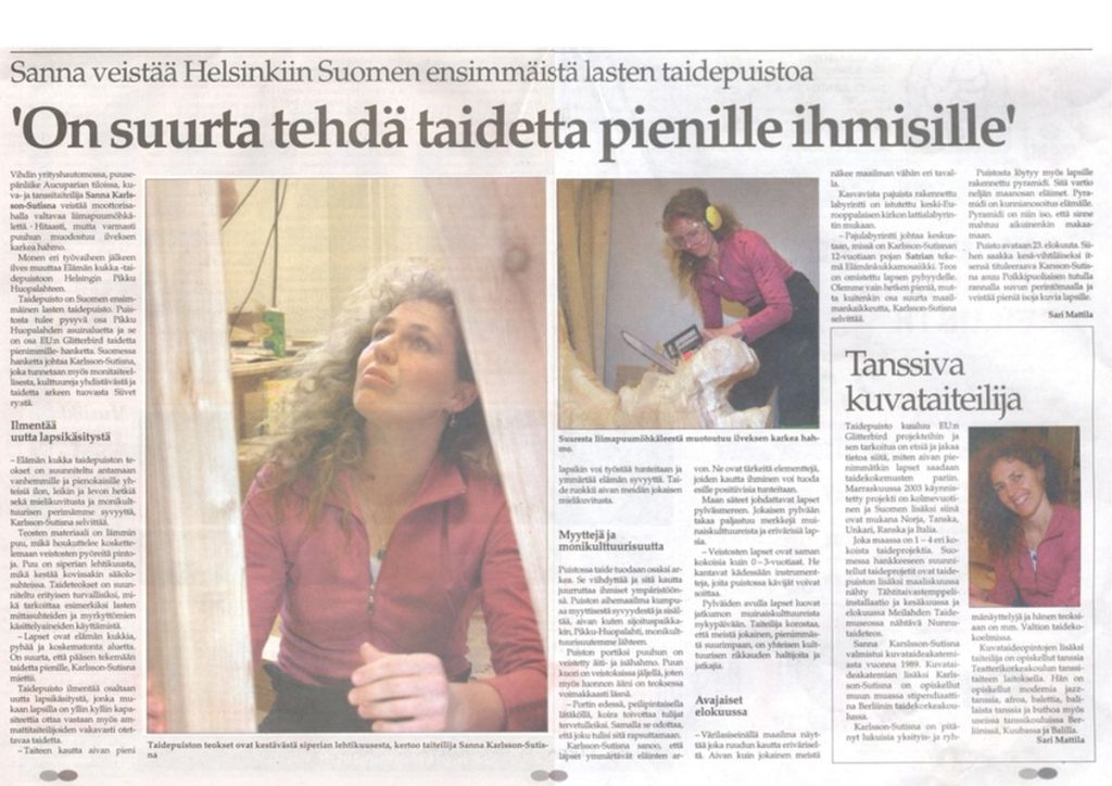 Newspaper feature on Sanna Karlsson-Sutisna creating Finland's first children's art park, including an interview about the project and her artistic work.