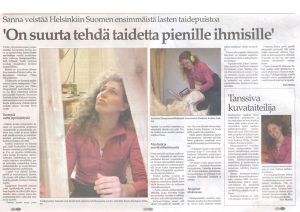 Newspaper feature on Sanna Karlsson-Sutisna creating Finland's first children's art park, including an interview about the project and her artistic work.
