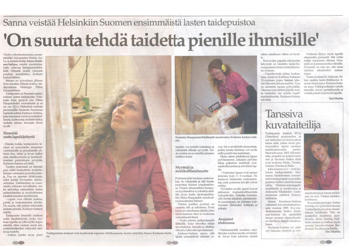 Newspaper feature on Sanna Karlsson-Sutisna creating Finland's first children's art park, including an interview about the project and her artistic work.