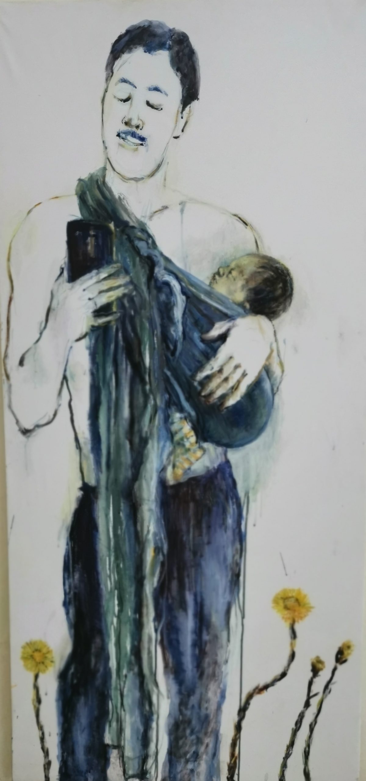 Woman Today and Tomorrow - Sanna Karlsson-Sutisna Exhibition - Sogossira Sanon Museum, Burkina Faso 2023. A painting of a woman carrying a baby in a sling while looking at a smartphone, with yellow flowers blooming around her.