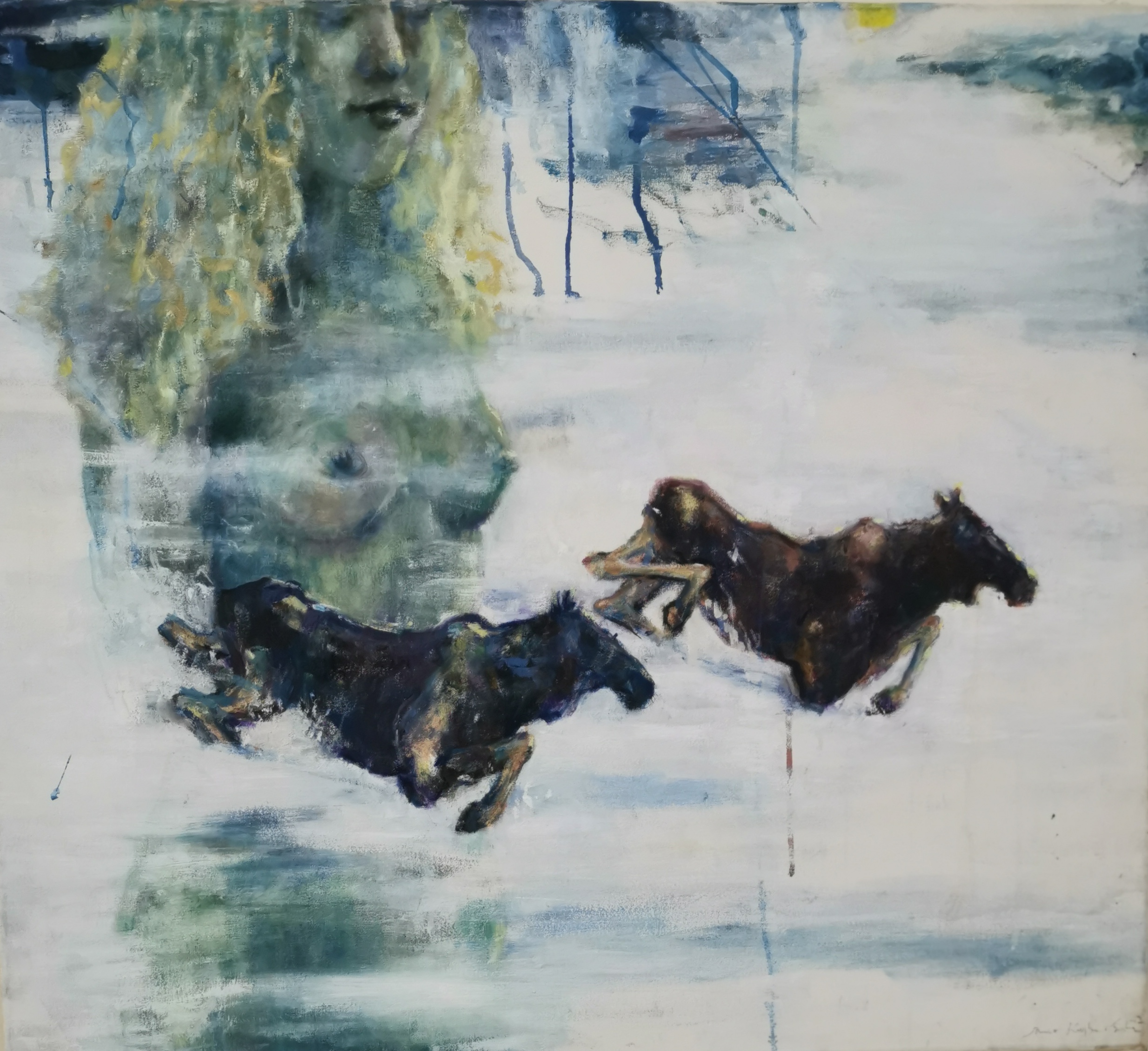 Woman Today and Tomorrow - Sanna Karlsson-Sutisna Exhibition - Sogossira Sanon Museum, Burkina Faso 2023. An expressive painting of a woman with long blond hair beside two running horses in a snowy landscape with an abstract background.