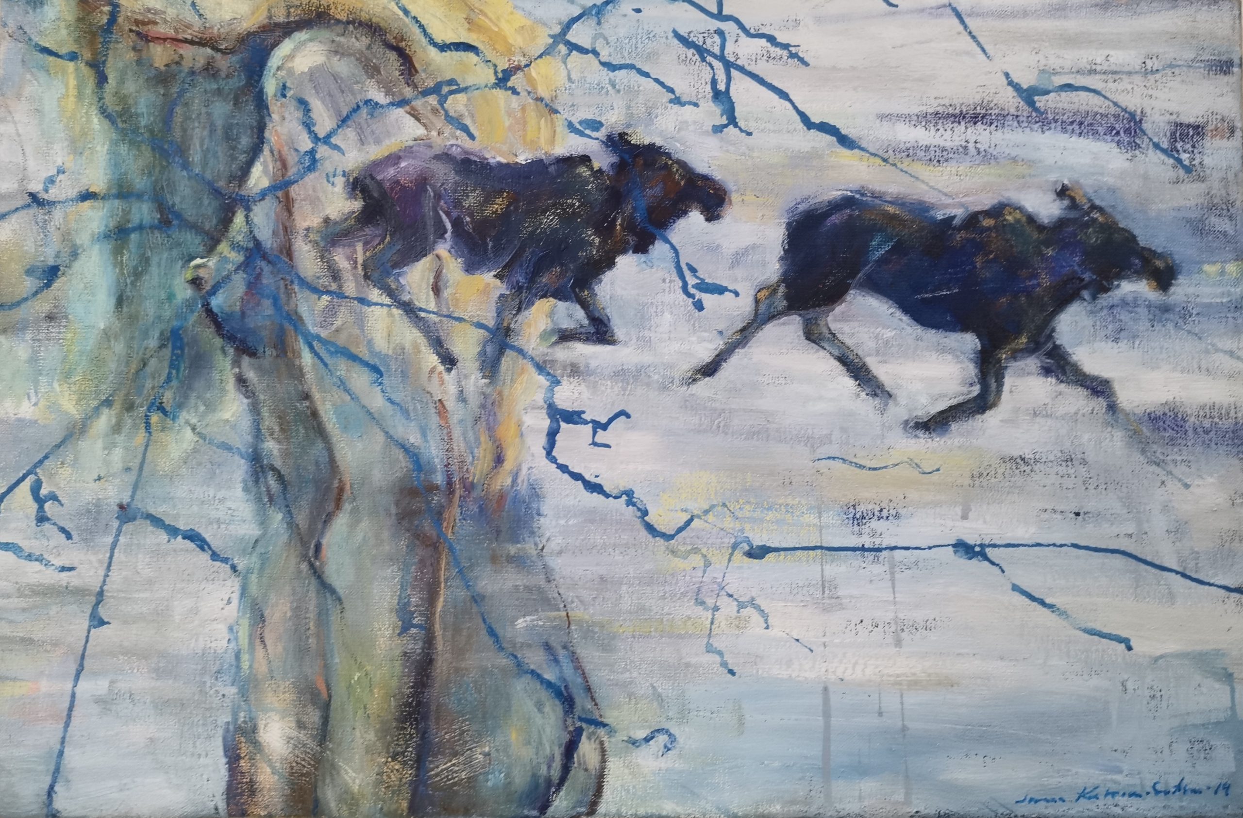 Woman Today and Tomorrow - Sanna Karlsson-Sutisna Exhibition - Sogossira Sanon Museum, Burkina Faso 2023. An expressive painting of two moose running through a snowy landscape beside a large tree with bare blue branches.