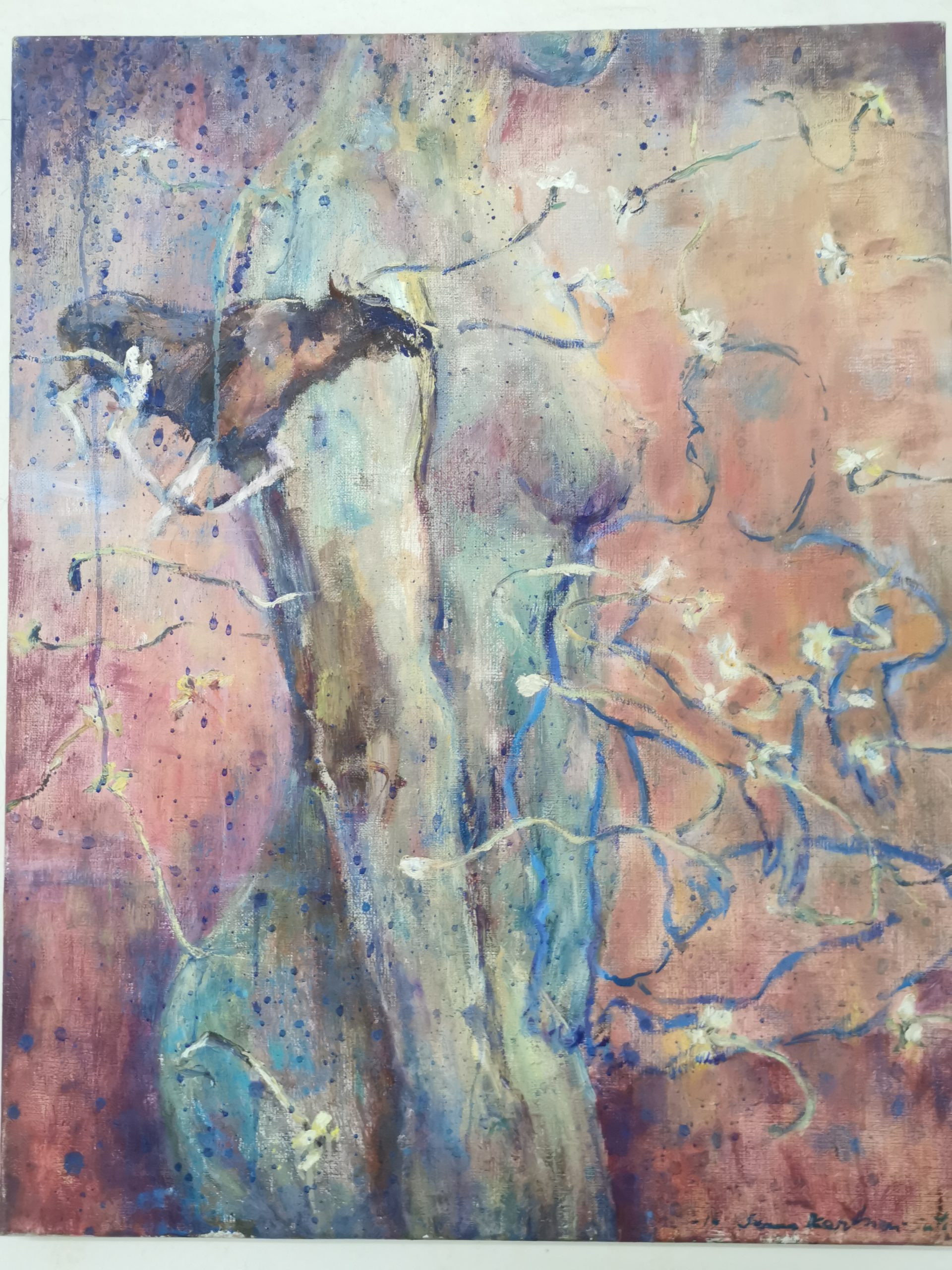 Woman Today and Tomorrow - Sanna Karlsson-Sutisna Exhibition - Sogossira Sanon Museum, Burkina Faso 2023. An expressive painting of a horse standing beside delicate flowering branches against a soft abstract background in pastel blue and pink tones.