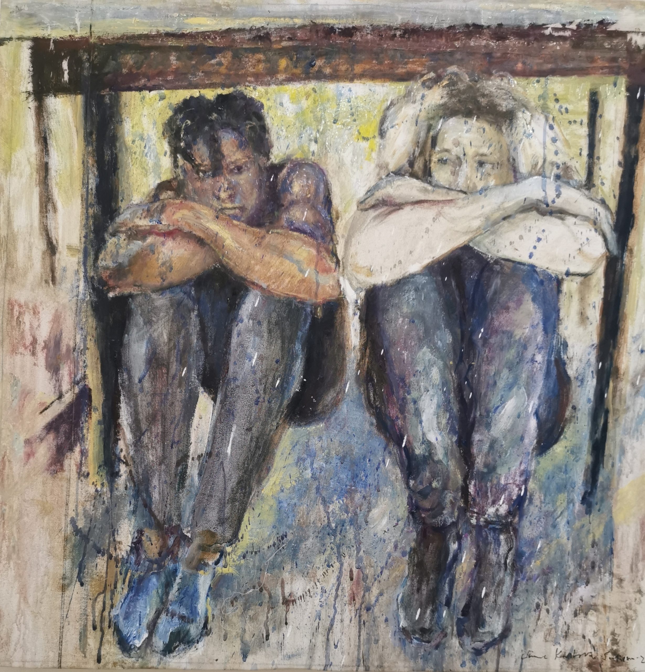 Woman Today and Tomorrow - Sanna Karlsson-Sutisna Exhibition - Sogossira Sanon Museum, Burkina Faso 2023. An expressive painting of two people sitting with their knees drawn up beneath a table, conveying introspection and quiet emotion.