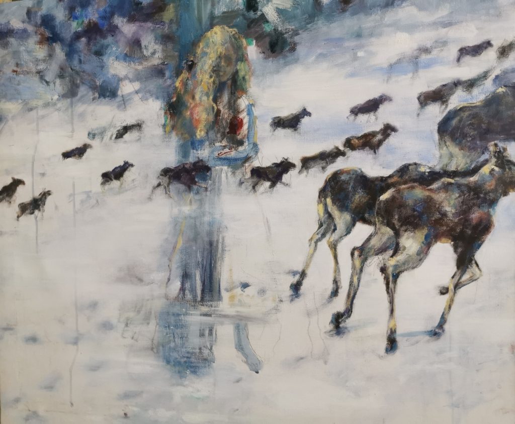 Woman Today and Tomorrow - Sanna Karlsson-Sutisna Exhibition - Sogossira Sanon Museum, Burkina Faso 2023. An expressive painting of a woman standing among a herd of horses in a snowy landscape, with horses moving across the scene in the background.