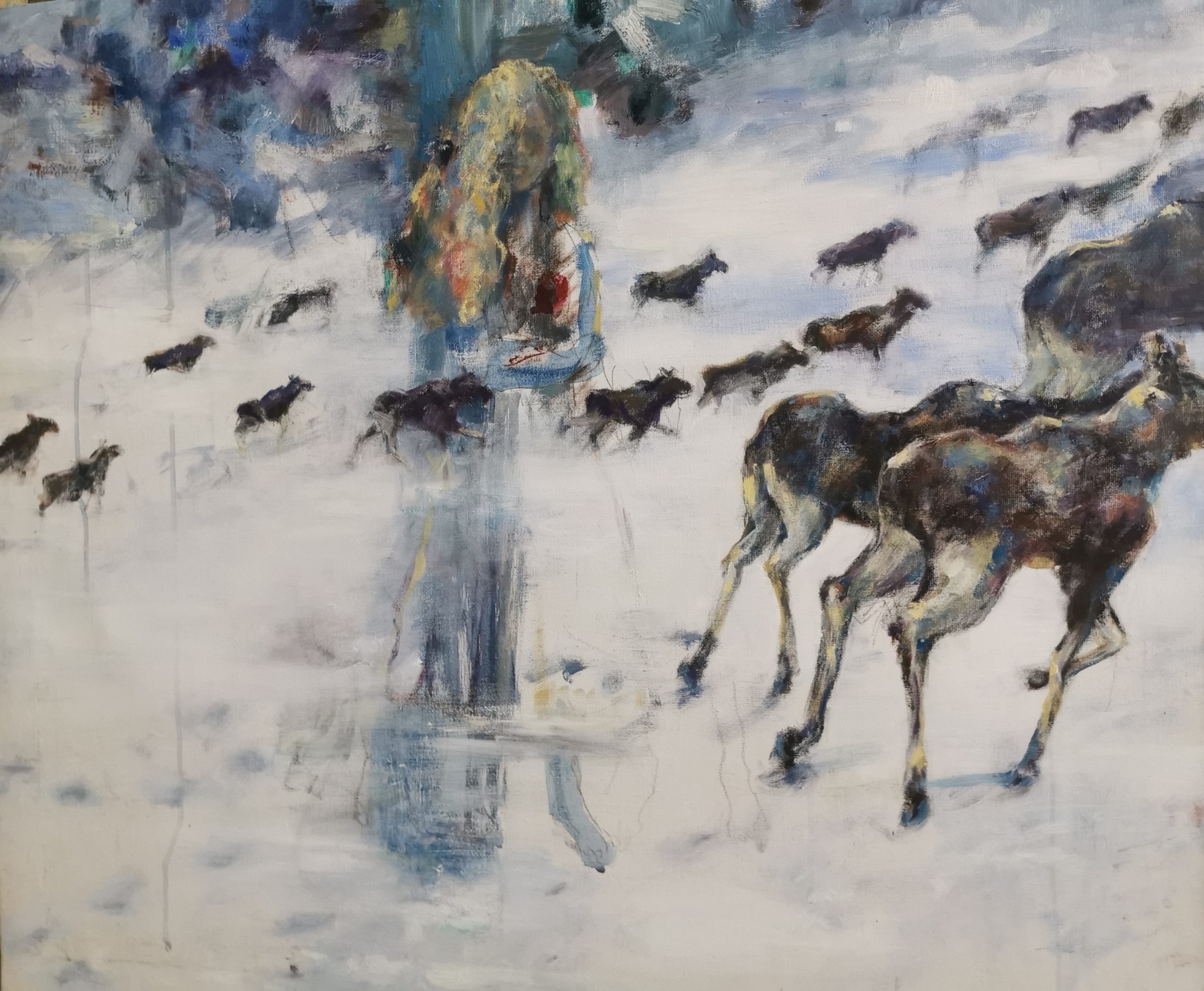 Woman Today and Tomorrow - Sanna Karlsson-Sutisna Exhibition - Sogossira Sanon Museum, Burkina Faso 2023. An expressive painting of a woman standing among a herd of horses in a snowy landscape, with horses moving across the scene in the background.