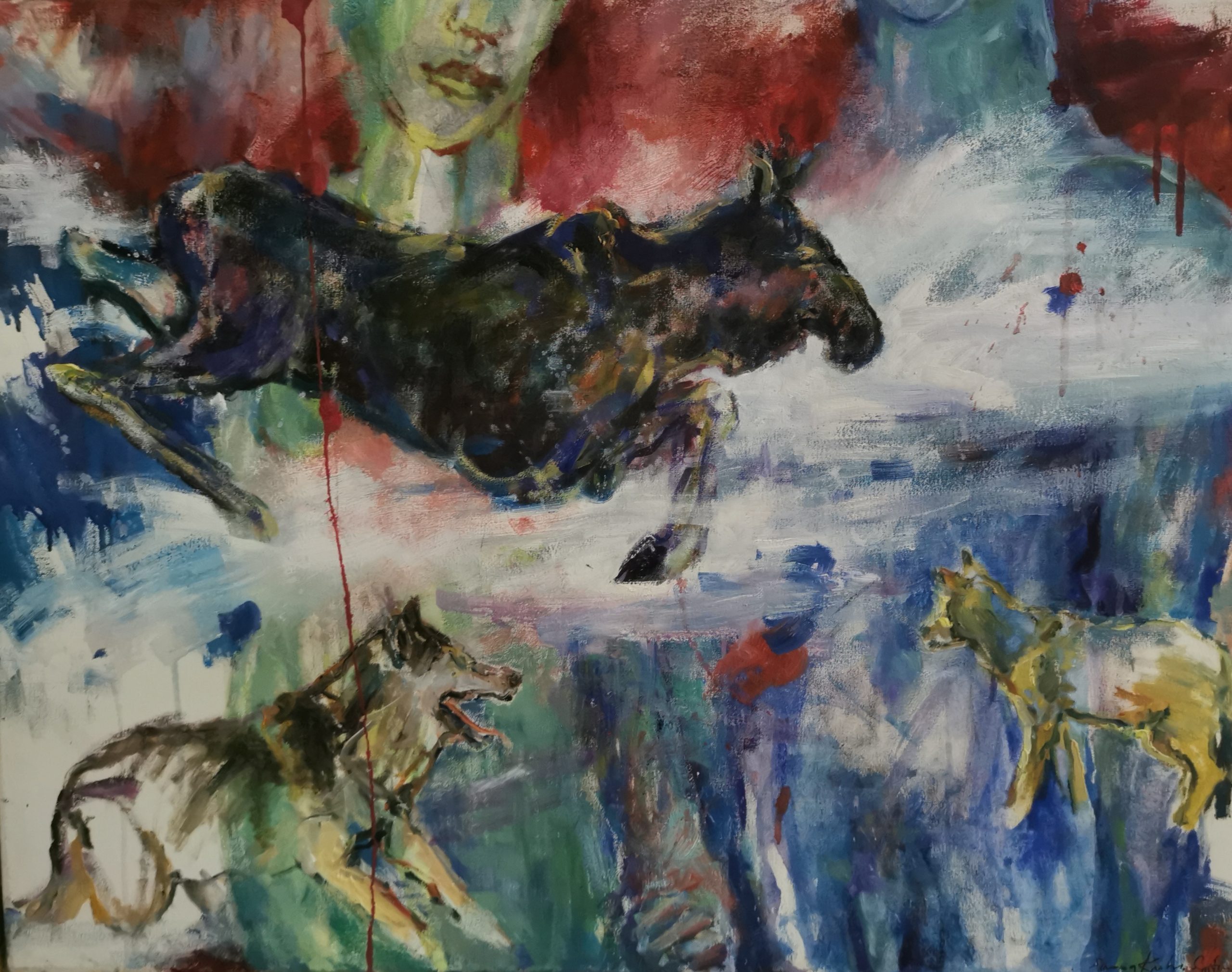 Woman Today and Tomorrow - Sanna Karlsson-Sutisna Exhibition - Sogossira Sanon Museum, Burkina Faso 2023. An expressive painting of a black horse leaping above two wolves, with a partially visible human figure against a vivid abstract background.