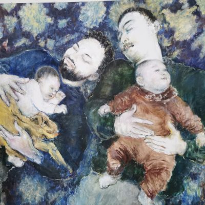 Woman Today and Tomorrow - Sanna Karlsson-Sutisna Exhibition - Sogossira Sanon Museum, Burkina Faso 2023. A painting of two adults lying with two babies in their arms against a blue abstract background, symbolizing family, care, and future generations.